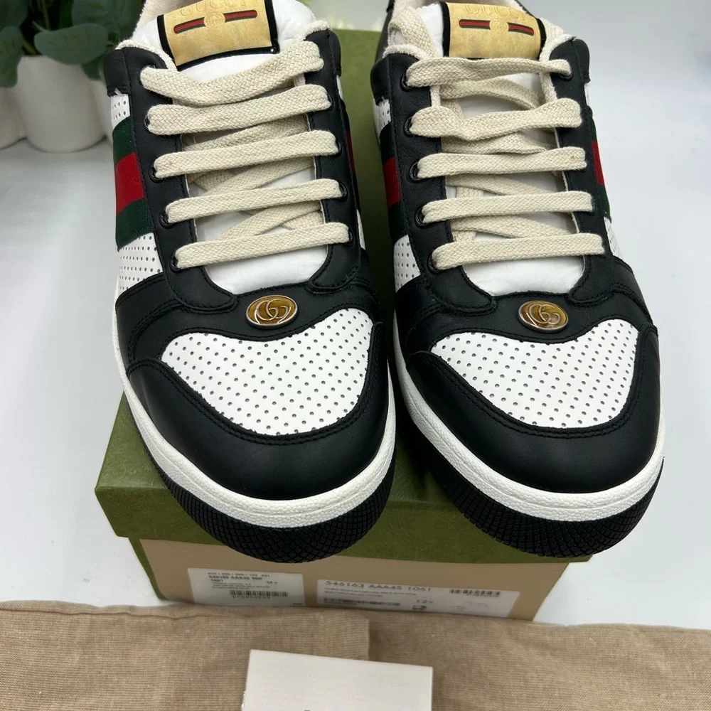 Men's Gucci, low top screener sneakers black white paneled leather design 12.5